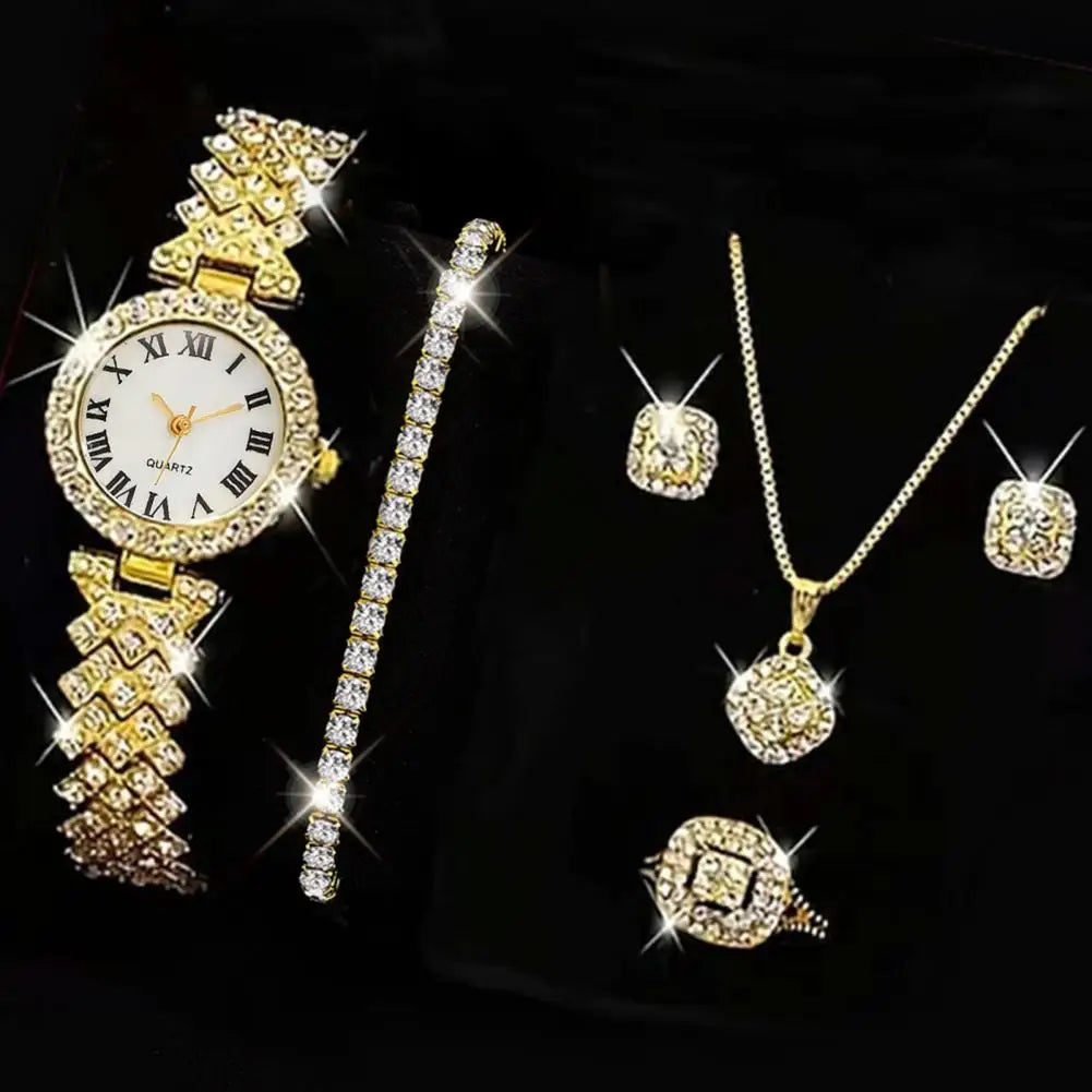 5Pcs/Set Women Luxury Shiny Rhinestone Jewelry Set 2025 Round Dial Quartz Watch Charm Necklace Stud Earrings Finger Ring Set