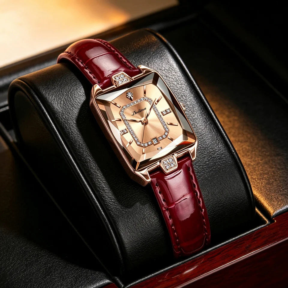 Women's Quartz Watch Square Elegant Fashion Wristwatch Diamond Embellished Luxurious Leather Strap Ladies Watch Girl Gifts