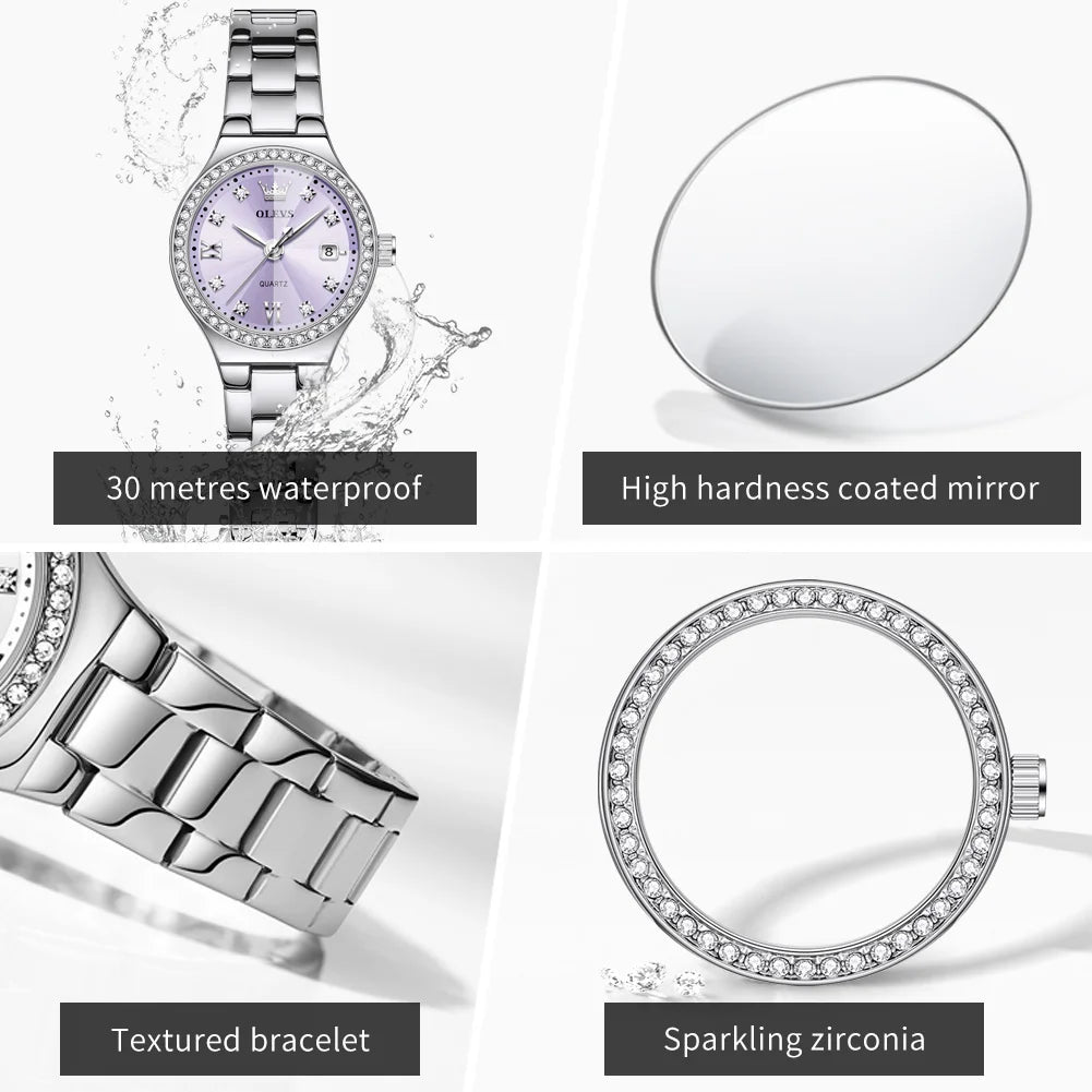OLEVS 5628 Elegant Ladies' Watch Auto Date Diamond Dial Stainless Steel Waterproof Ladies' Quartz Watch