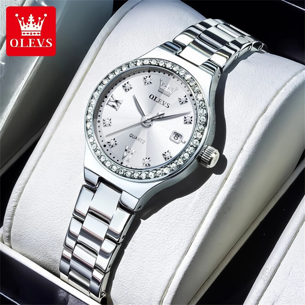OLEVS 5628 Elegant Ladies' Watch Auto Date Diamond Dial Stainless Steel Waterproof Ladies' Quartz Watch
