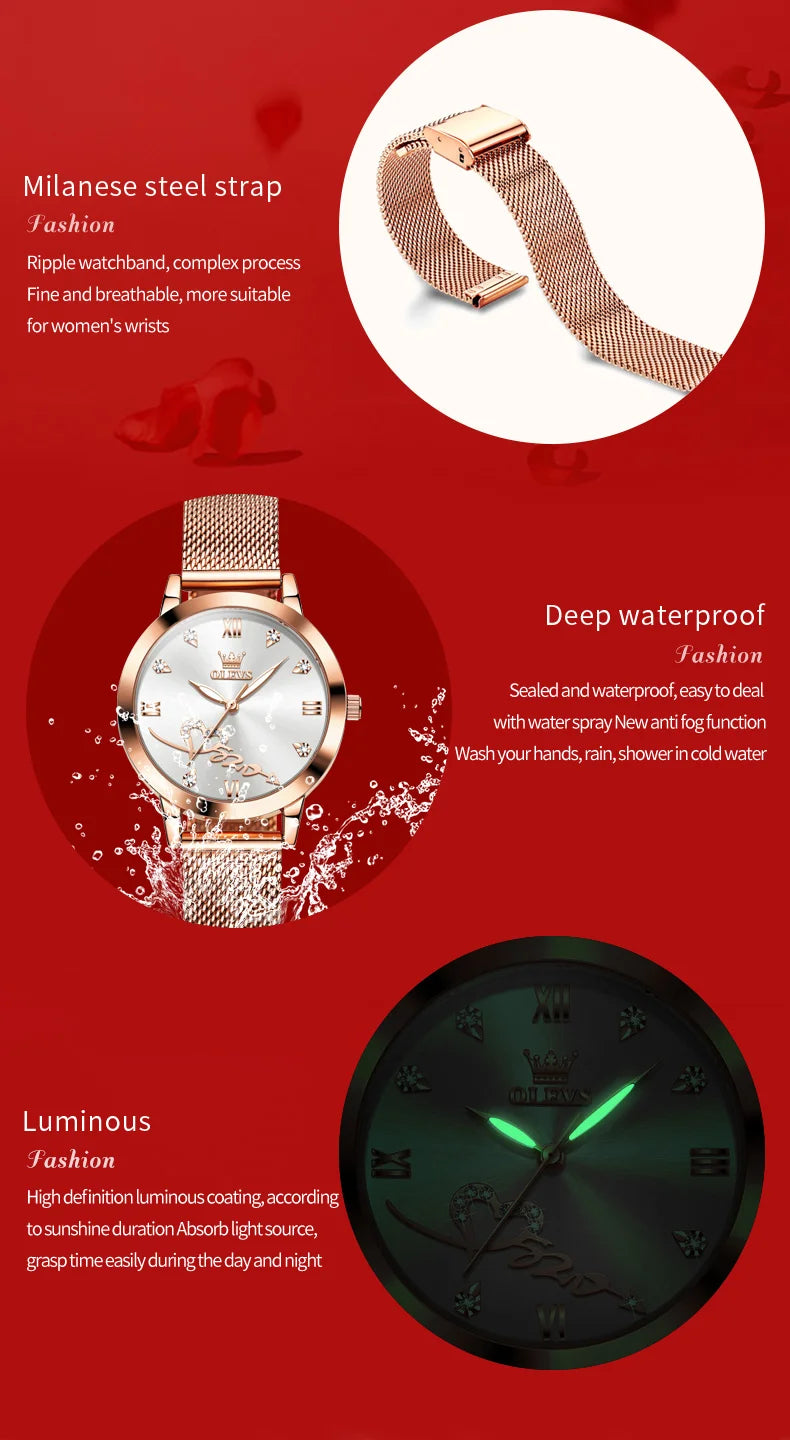 OLEVS 5530 Versatile Fashion Women's Quartz Watches Waterproof Mesh Belt Love Dial Luminous Clock Original Brand Wristwatch