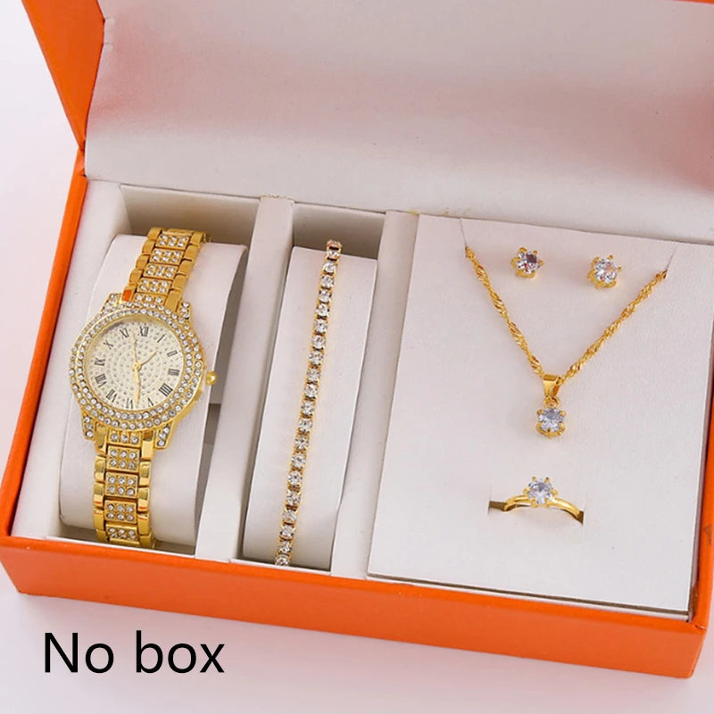 6Pcs Women's Rhinestone Quartz Watch Set Fashion Wrist Watch & Jewelry Set Gift