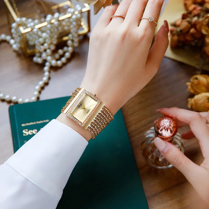 NEW Ladies Watches Fashion Gold Diamond Bracelet Women Luxury  Vintage Quartz Watches Simple Square Dial Female Dress Gifts