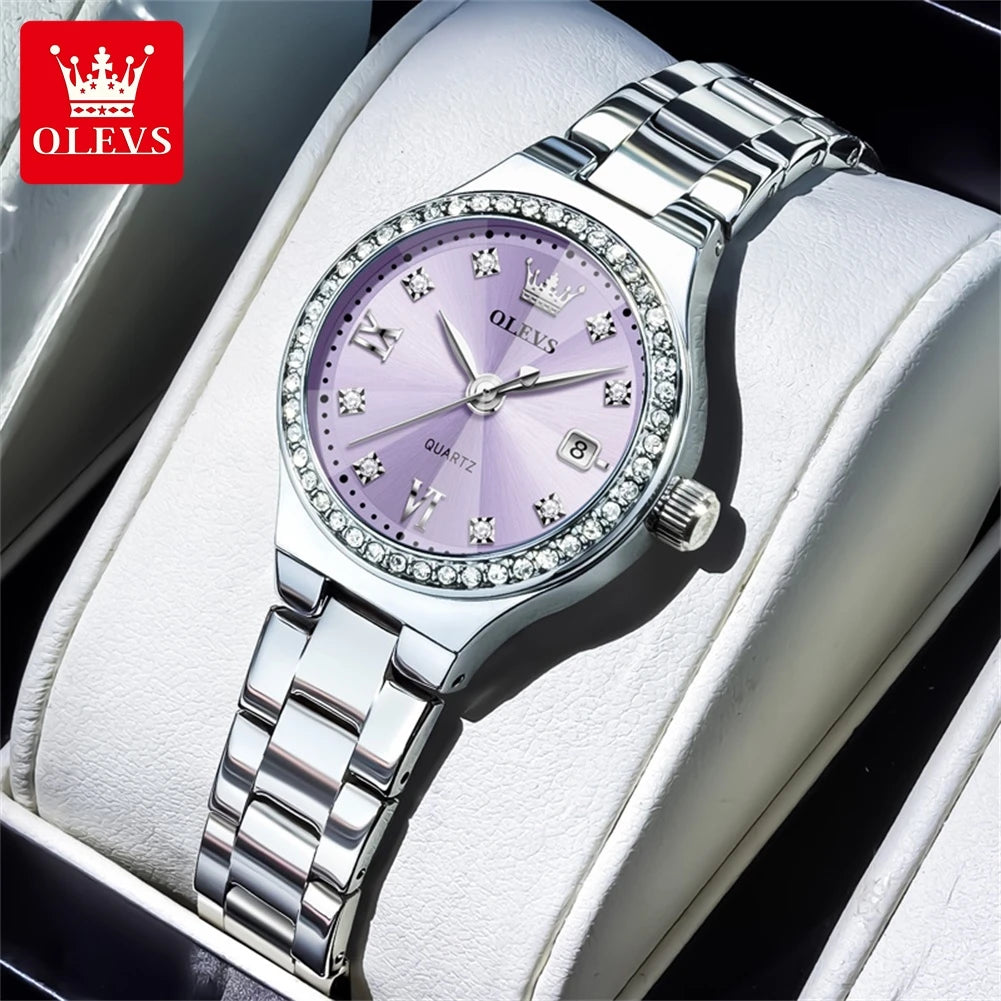OLEVS 5628 Elegant Ladies' Watch Auto Date Diamond Dial Stainless Steel Waterproof Ladies' Quartz Watch
