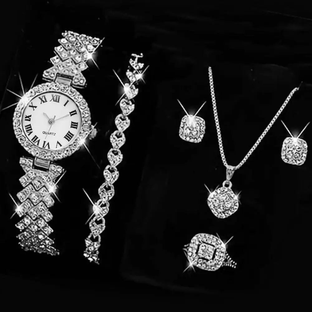 5Pcs/Set Women Luxury Shiny Rhinestone Jewelry Set 2025 Round Dial Quartz Watch Charm Necklace Stud Earrings Finger Ring Set