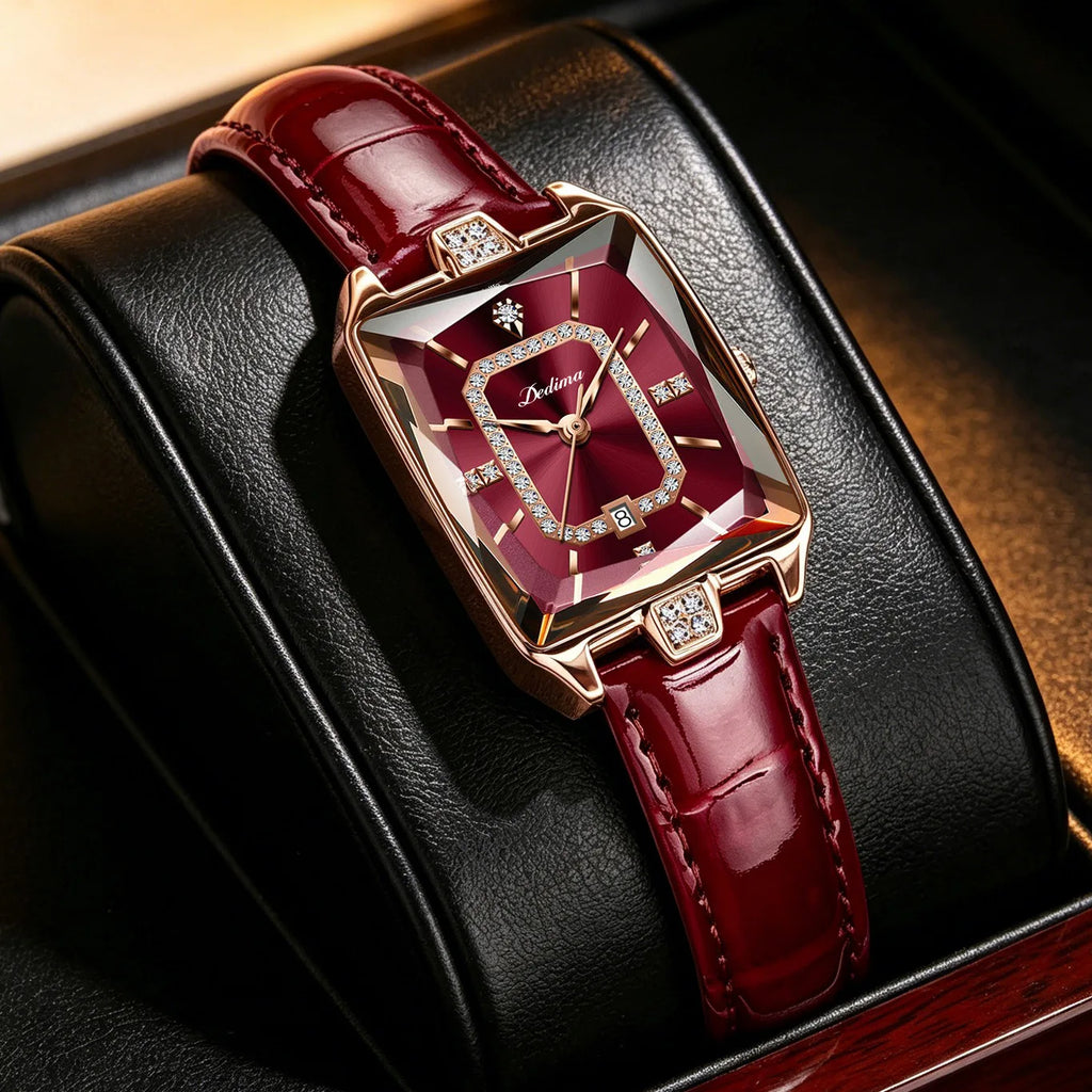 Women's Quartz Watch Square Elegant Fashion Wristwatch Diamond Embellished Luxurious Leather Strap Ladies Watch Girl Gifts
