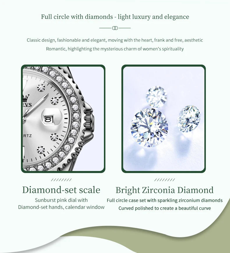 OLEVS Original Diamond Dial Quartz Watch for Women Fashion Elegant Ladies Watches Stainless Steel Waterproof Women's Wristwatch