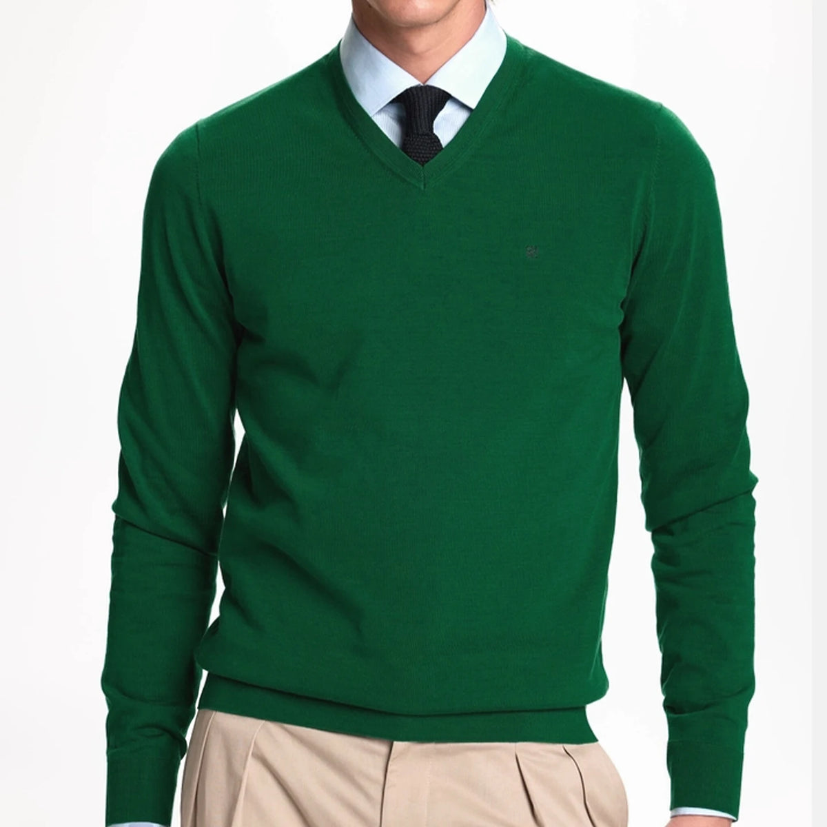 Men's Embroidered V-Neck Knit Sweater in green with a polished look for everyday wear.
