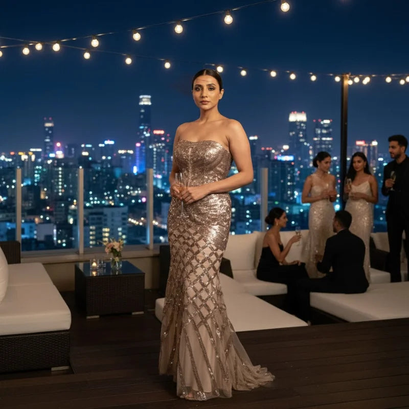 Model wearing Backless Mermaid Evening Gown | Sequin Formal Dress at night rooftop party with city skyline backdrop.