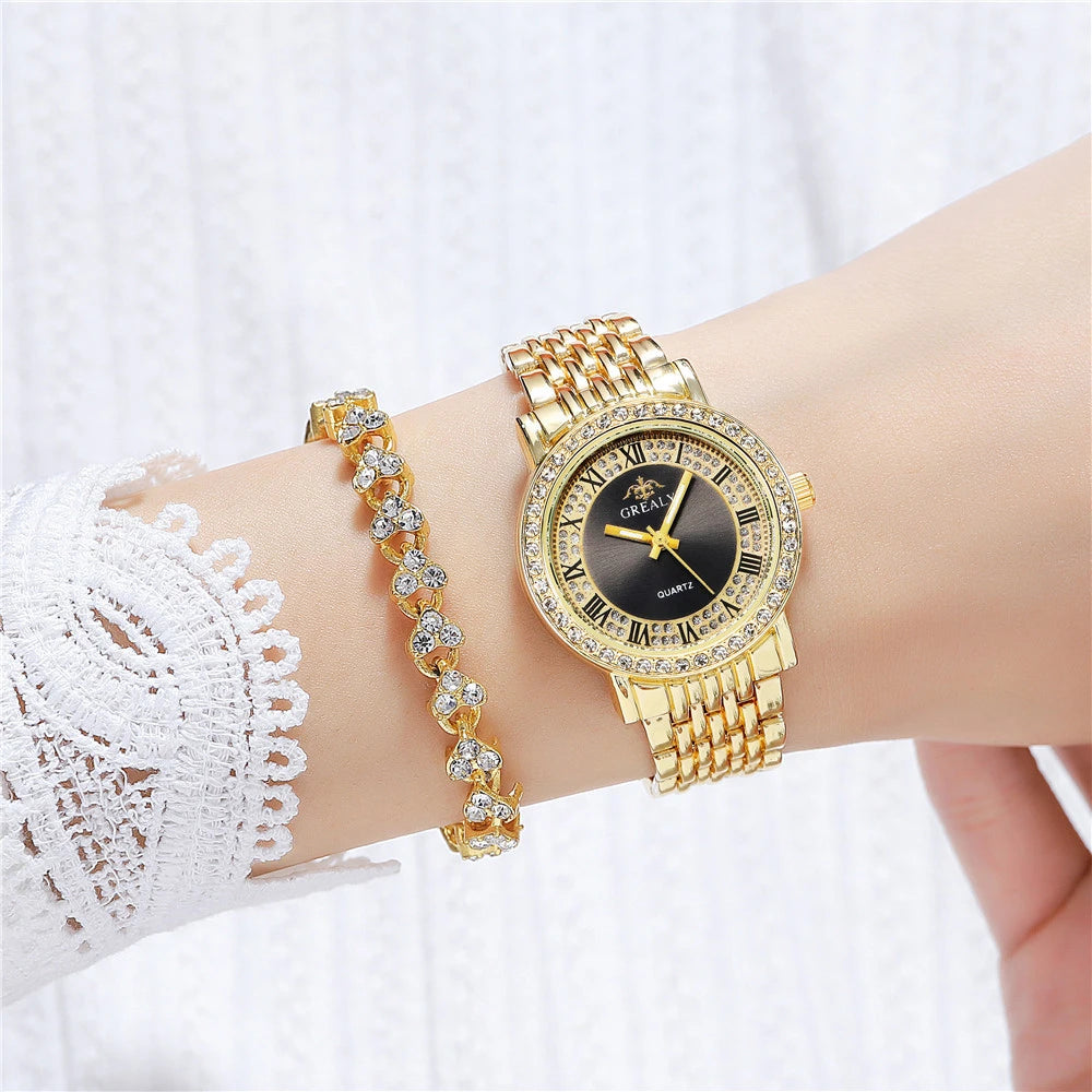 Luxury Branded Women's Watch Fashion Rome Diamond Set Watches for Women Quartz Casual Gold Stainless Steel Strap Women's Clock