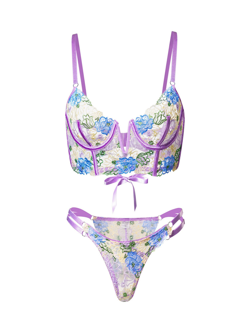 Purple Florals Embroidery Bustier  Lingerie Set-3