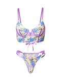 Purple Florals Embroidery Bustier  Lingerie Set-3