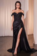 Fashion Forward Off-Shoulder Satin Gown with Beaded Corset & High Slit CD803