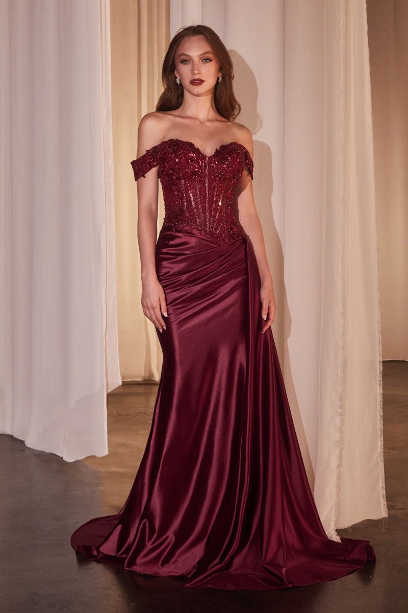 Fashion Forward Off-Shoulder Satin Gown with Beaded Corset & High Slit CD803