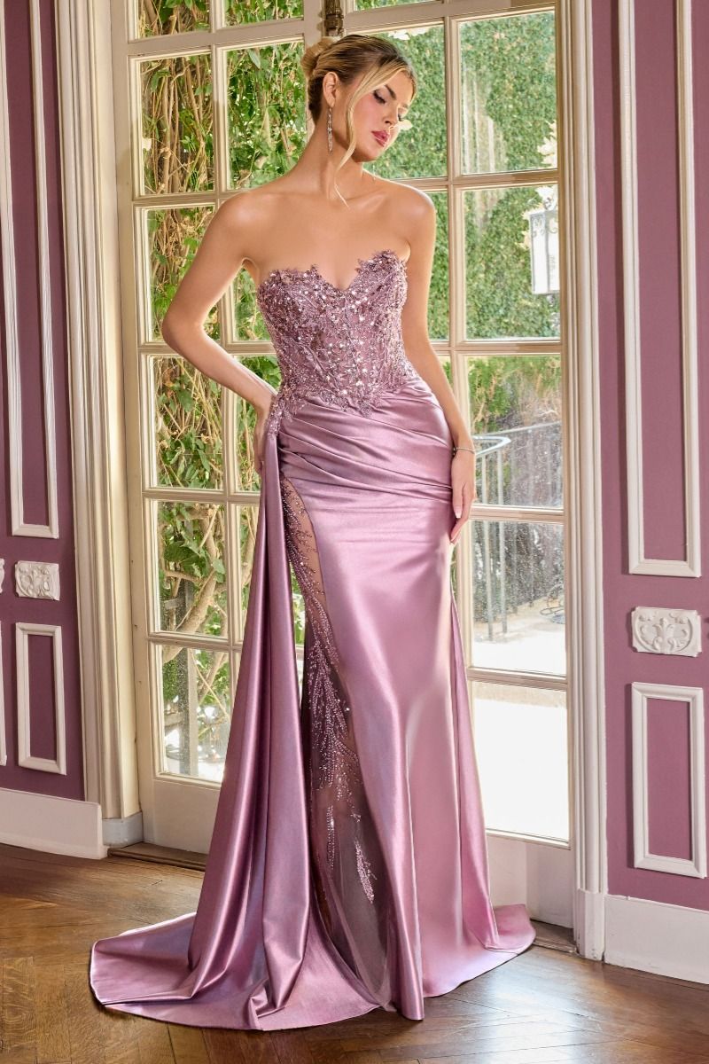 Sequins Embellished Long Graduation Gown w/ Corset Bodice & Side Drape CDCDS565-2