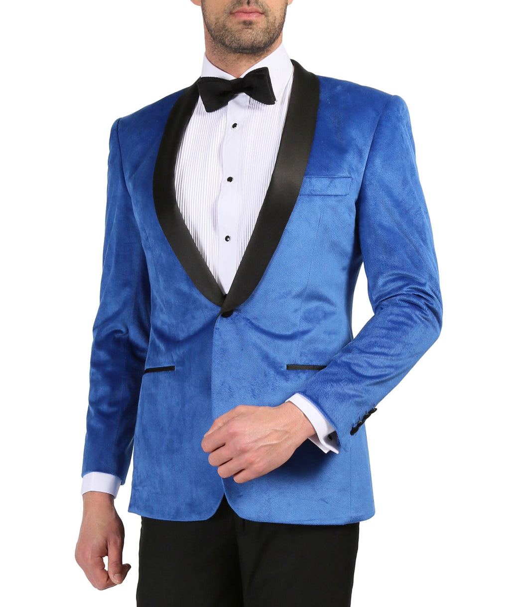 Enzo Royal Blue Slim Fit Velvet Shawl Tuxedo Blazer-1