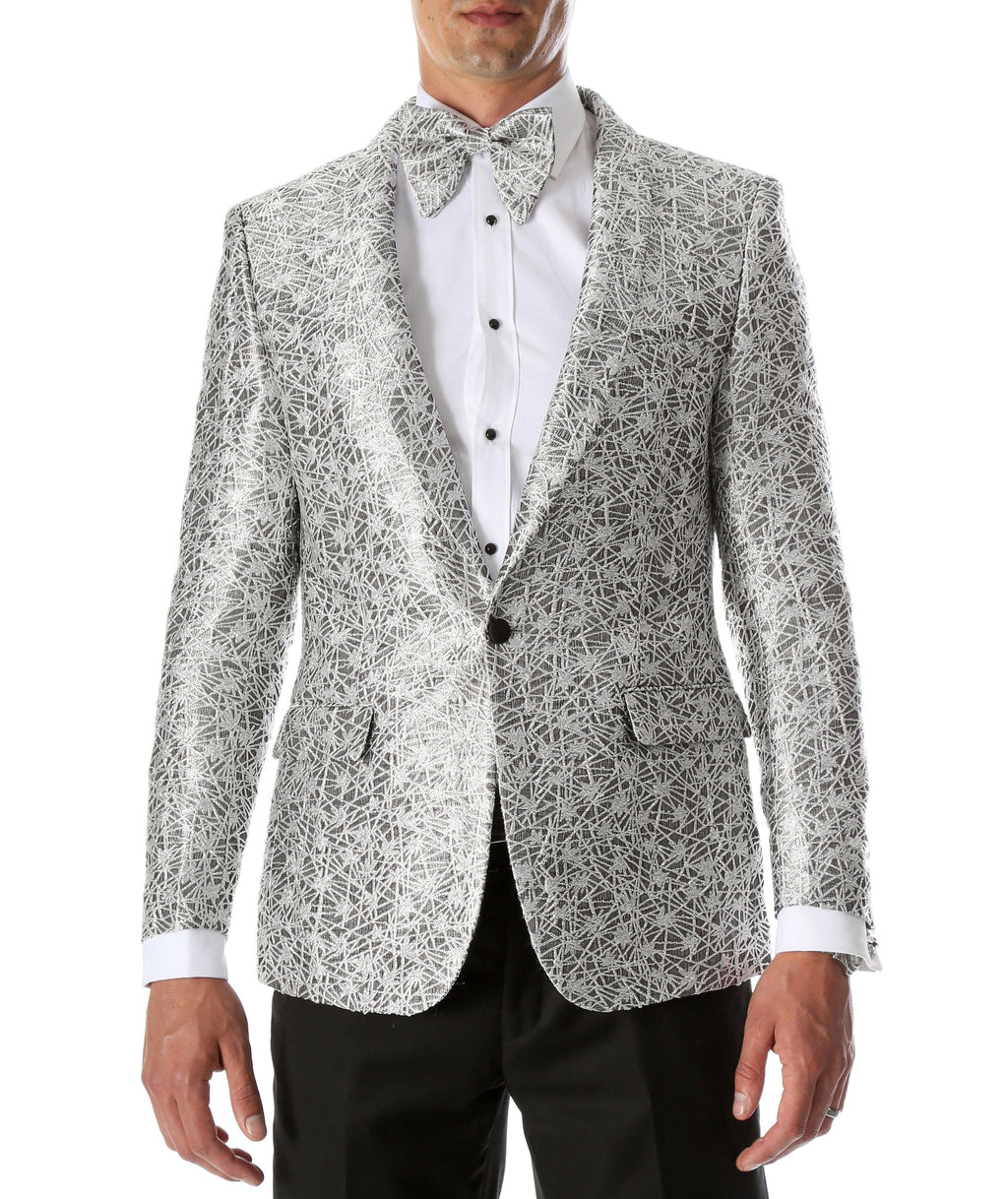 Men's Rene Abstract Silver Modern Fit Shawl Collar Tuxedo Blazer - Young Man’s Prom Wear-1