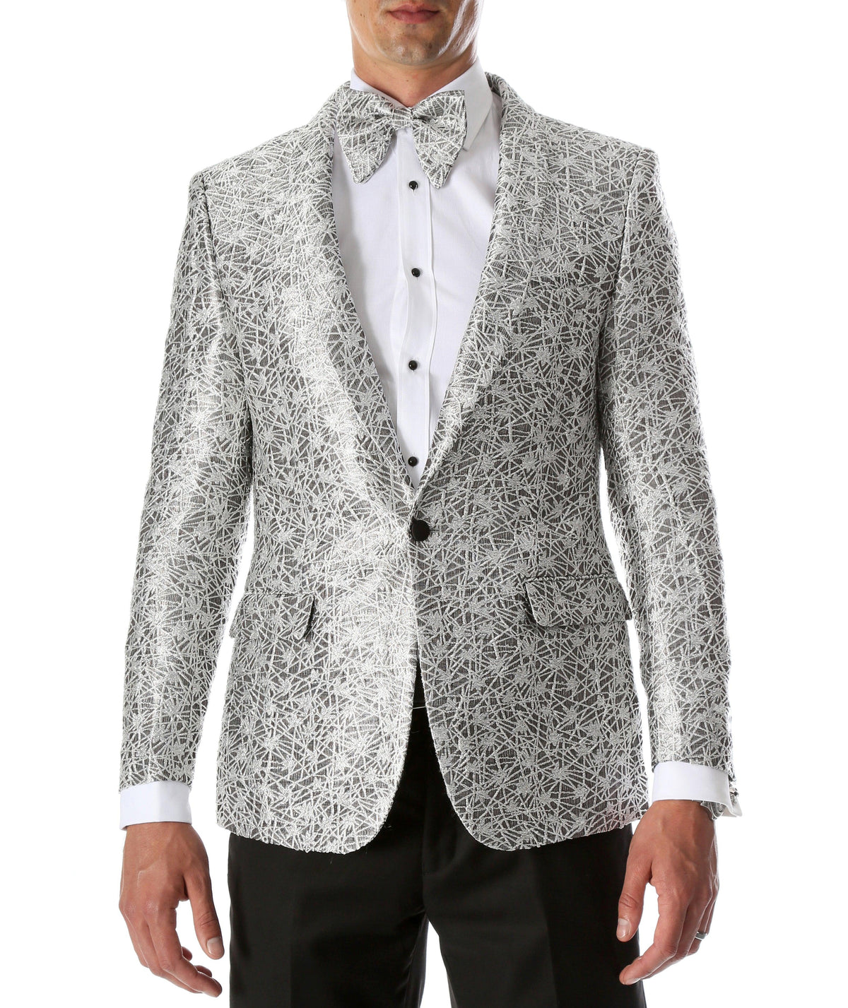 Men's Rene Abstract Silver Modern Fit Shawl Collar Tuxedo Blazer - Young Man’s Prom Wear-1