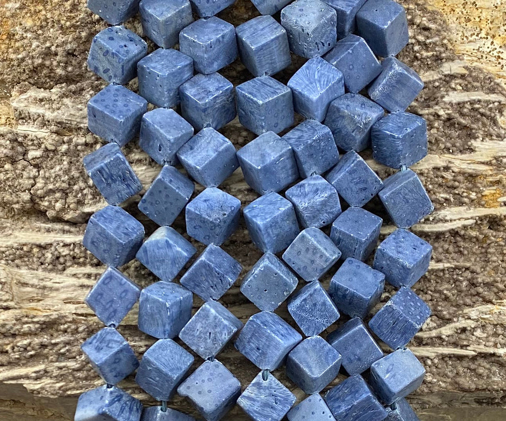 Natural Blue Coral Side Hole Cube 8-9mm 12-13mm-1